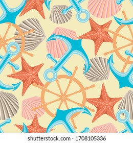 Seamless texture with the image of anchors, shells, starfish.