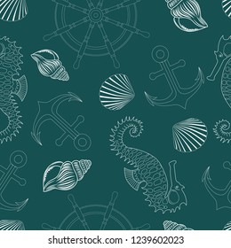 Seamless texture with the image of anchors, wheels, shells, sea horses on a blue background.