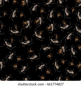 Seamless texture with the image of ants on a dark background. Vector illustration EPS 10.