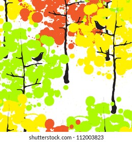 Seamless texture with the image of a black colored trees and birds / Autumn forest