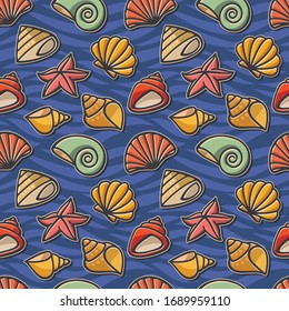 Seamless texture with the image of bright multi-colored different shapes of shells and starfish on a blue background. The picture is drawn in a cartoon style vector. Sea shells and starfish