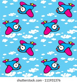Seamless texture with the image of a cartoon airplane in the clouds. Vector / Background of flying planes