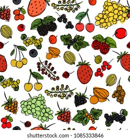 seamless texture with the image of children's drawings of berries drawn quickly by hand, sketch vector graphics color picture