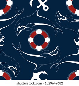 Seamless texture with the image of dolphins, anchors, lifebuoys. Vector image on blue background.