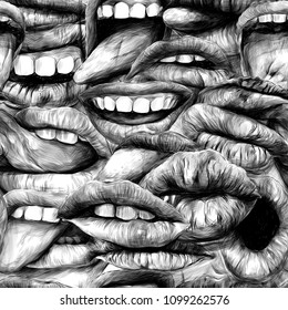 seamless texture with the image of female lips with different emotions, lips, tongues and teeth, sketch vector graphics monochrome illustration