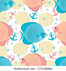 Textura sin foco con la imagen de peces, anclas, conchas. Imagen vectorial marina.