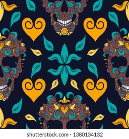 Seamless texture with the image of a floral pattern and skulls. Color vector image.