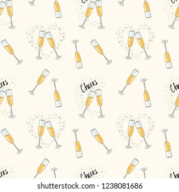 Seamless texture with the image of glasses of champagne with bubbles. Vector illustration