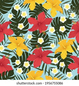 Textura sin foco con la imagen de flores de hibisco y hojas de palma.