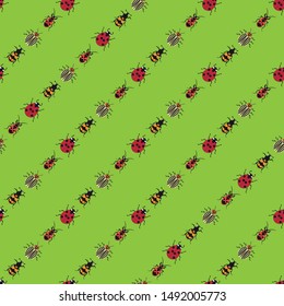 Seamless texture with the image of insects: ladybug, bug, Colorado potato beetle, beetle gravedigger.