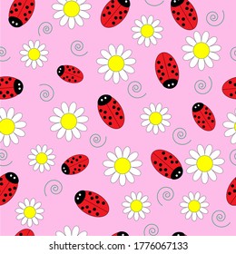 Seamless texture with the image of the ladybug and daisy