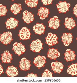 Seamless texture with the image of the ladybug. Endless texture for wallpaper, fill, web page background, surface texture. Yellow, red, brown colors.