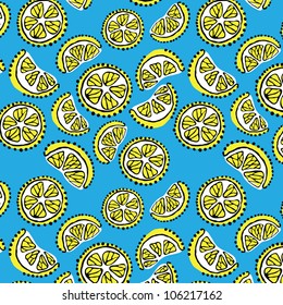 Seamless texture with the image of lemon on a blue background / citrus freshness