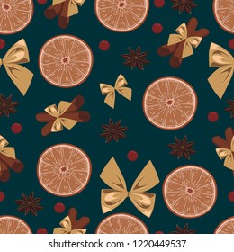 Seamless texture with the image of oranges, cinnamon, bows on a dark blue background.