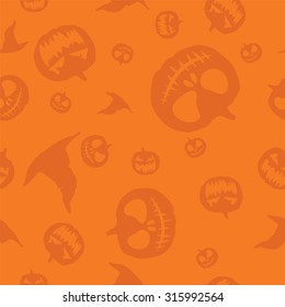 Seamless texture with the image of the pumpkins with carved eyes and mouth for Halloween. A witch hat. Vector.