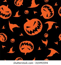 Seamless texture with the image of the pumpkins with carved eyes and mouth for Halloween. A witch hat. Vector.