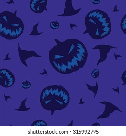 Seamless texture with the image of the pumpkins with carved eyes and mouth for Halloween. A witch hat. Vector.