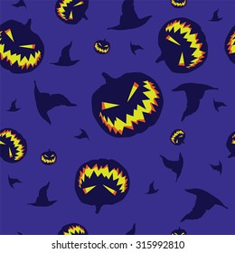 Seamless texture with the image of the pumpkins with carved eyes and mouth for Halloween. A witch hat. Vector.