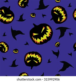 Seamless texture with the image of the pumpkins with carved eyes and mouth for Halloween. A witch hat. Vector.