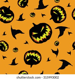 Seamless texture with the image of the pumpkins with carved eyes and mouth for Halloween. A witch hat. Vector.