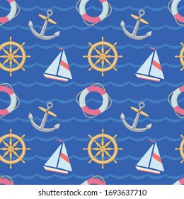 Seamless texture with the image of a sailboat, helm, lifebuoy in retro style on a blue background. The image is suitable for printing designer fabrics in the manufacture children's access and clothe