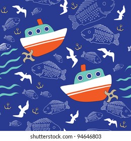 Seamless texture with the image of the ships, seagulls and a large number of fish