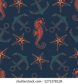 Seamless texture with the image of starfish, seahorses, anchors, on a dark blue background.