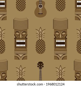 Imagen de textura sin foco de estatuas tiki, guitarras, piña sobre fondo marrón. Dibujo monocromo vectorial. Diseño para imprimir papel, tela.