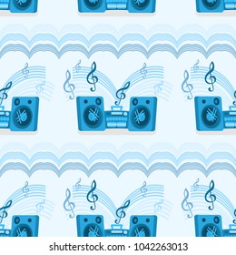 Seamless texture with the image of the tape recorder and music. The Vektory image is isolated.