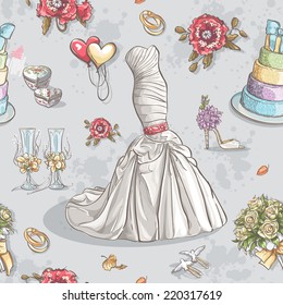 Seamless texture with the image of wedding dresses, glasses, rings, cake and other items.