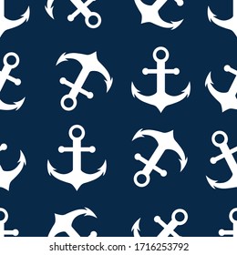 Nahtlose Textur mit dem Bild von weißen Ankern auf blauem Hintergrund.