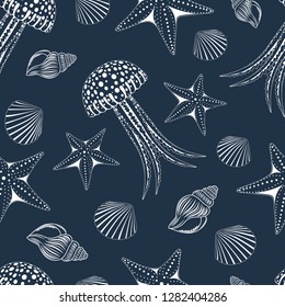 Seamless texture with the image of white jellyfish, seashells, starfish on a dark blue background.