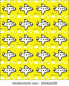 Seamless texture with the image of a white plane in the sky above the clouds. vector / Yellow background with the aircraft