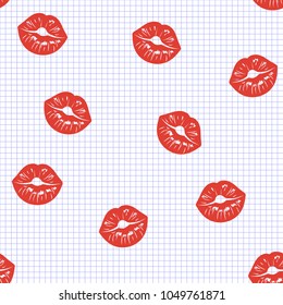 Seamless texture. Imprint of lips on a piece of paper. Vector illustration