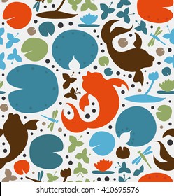 Seamless texture with inhabitants of the pond. Fish, carp, goldfish, water lilies, dragonfly. Vector decorative pattern, cute background