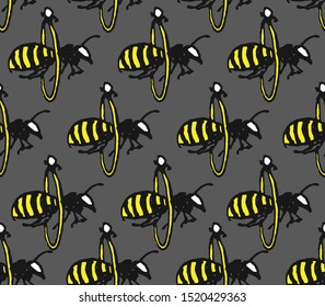 Seamless texture with Ink drawn bees flying through the ring. Hand made illustration. 