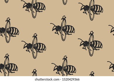 Seamless texture with Ink drawn bees flying through the ring. Hand made illustration. 