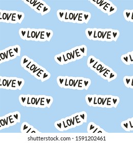 Seamless texture the inscription love with hearts on a blue background, vector. Ideal for textiles, t-shirts, holiday packaging. Template for background, wallpaper, fill web pages.