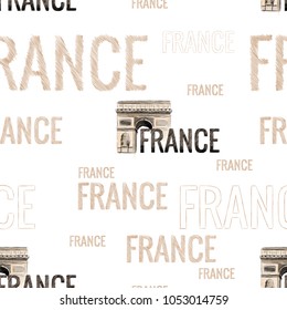 seamless texture with inscriptions in France in quick sloppy style by hand with the image of sights of the Arc de Triomphe in Paris color vector drawing