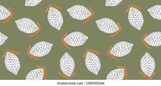 Seamless texture with interesting vintage white lemon and brown leaves on a green background. Fashionable background. Great for fabric and textile packaging. Vector digital illustration.