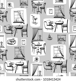 seamless texture with interior detail cafe, linear drawing by hands, black and white graphics, vector illustration