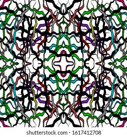 Seamless texture of intertwined multi-colored twig-like stripes on a white background