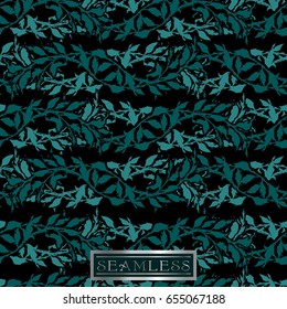 Seamless texture with interwoven green branches on a black background (elf style)