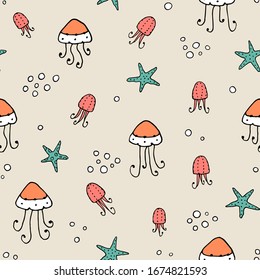 Seamless texture with jellyfishes, whales and hand drawn elements. Childish sea background, drawing with line-art. Eps10 vector.