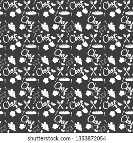 Seamless texture with of kitchen doodle sketch utensils hand-drawn with chalks on blackboard. Can be used for wallpaper, pattern fills, textile, web page background, surface textures.