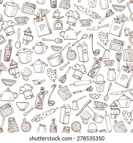 Seamless texture with of kitchen doodle sketch utensils hand-drawn with ink. Can be used for wallpaper, pattern fills, textile, web page background, surface textures.Vector illustration.
