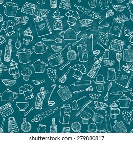 Seamless texture with of kitchen doodle sketch utensils hand-drawn on blackboard. Can be used for wallpaper, pattern fills, textile, web page background, surface textures.Vector illustration.