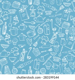 Seamless texture with of kitchen doodle sketch utensils hand-drawn with ink. Can be used for wallpaper, pattern fills, textile, web page background, surface textures.Vector illustration.