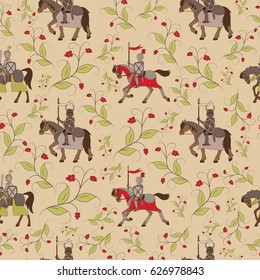 Seamless texture, knights and floral ornament 