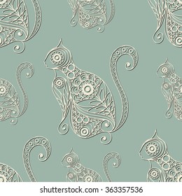 Seamless texture with lace pattern in floral style (with cat). Suitable for design: cloth, web, wallpaper, wrapping. Vector illustration.